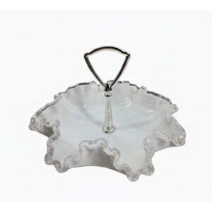 Vintage Fenton Milk Glass Silver Handle Ruffled‎ Edge Candy Dish